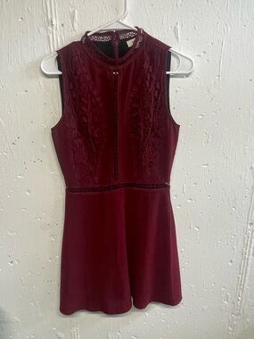 Lace Yoke Sleeveless Mini Dress in Burgundy